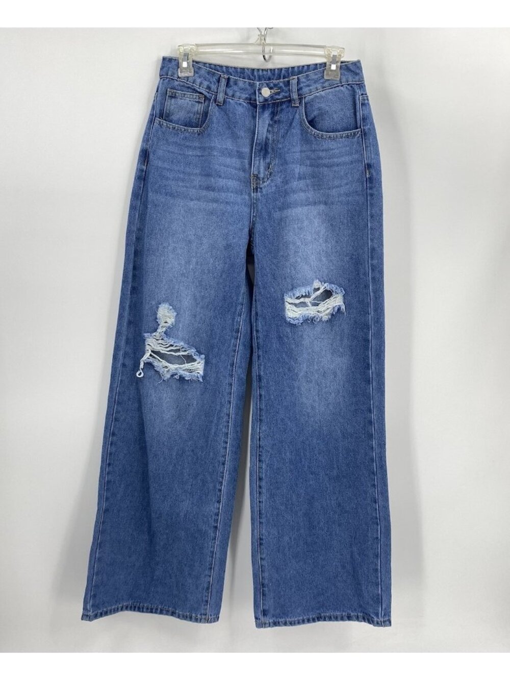 SHEIN Super Wide Leg Jeans Distressed Medium Wash High Rise Womens US 6